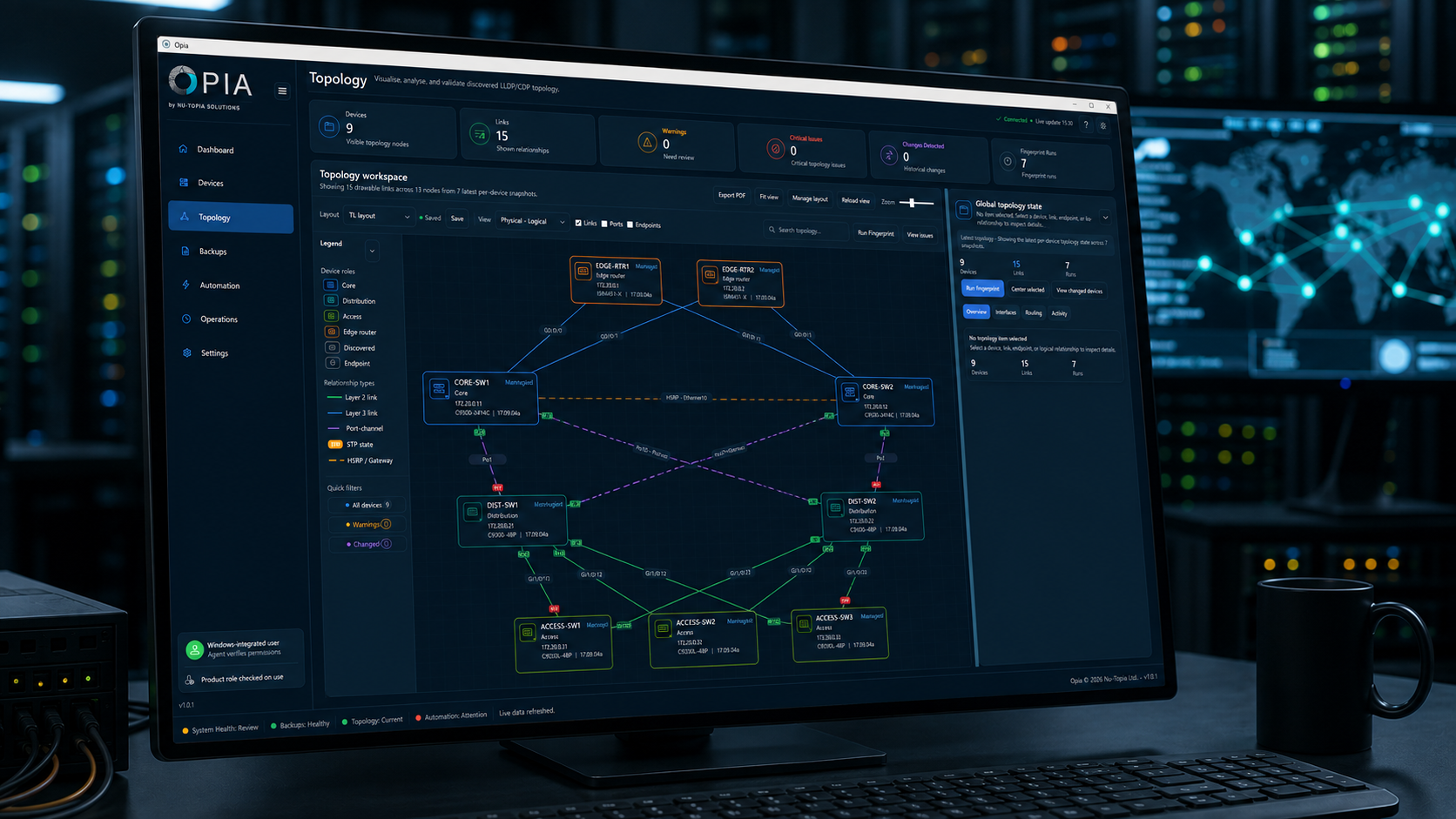 OPIA topology workspace showing network devices, links and topology status